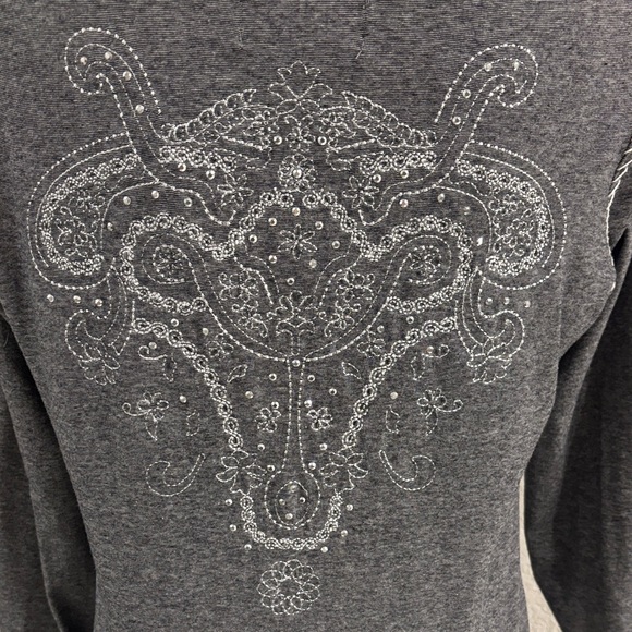 Cowgirl Up Gray Long Sleeve 3 Button Women's Top with Rhinestone Accents Large - Picture 6 of 10